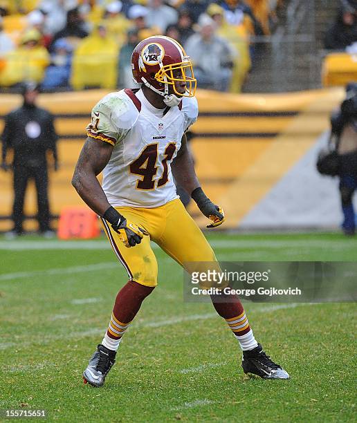 Safety Madieu Williams of the Washington Redskins pursues the play during a game against the Pittsburgh Steelers at Heinz Field on October 28, 2012...