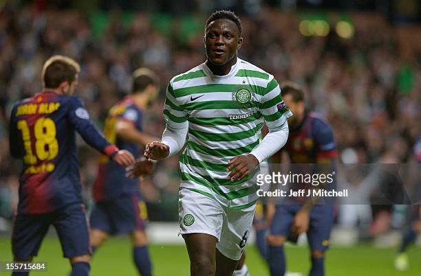 Victor Wanyama of Celtic celebrates after scoring during the UEFA Champions League Group G match between Celtic and Barcelona at Celtic Park on...