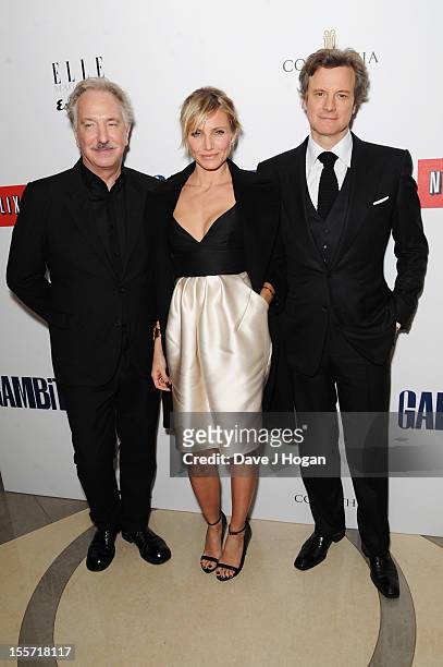 Alan Rickman, Cameron Diaz and Colin Firth attend the world film premiere after party for Gambit at The Corinthia Hotel on November 7, 2012 in...
