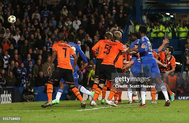 Victor Moses of Chelsea scores his goal during the UEFA Champions League Group E match between Chelsea and Shakhtar Donetsk at Stamford Bridge on...