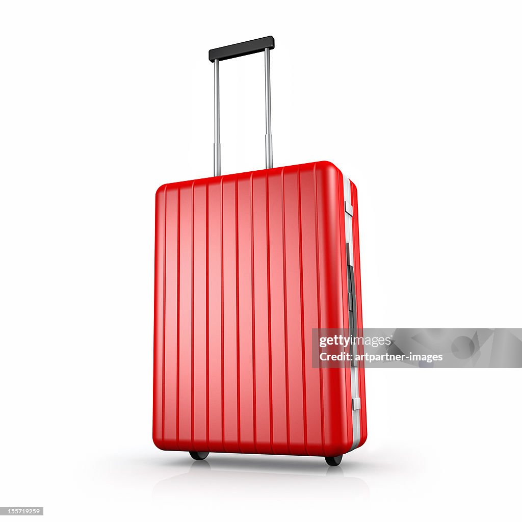 Clean red suitcase with extended handle, on white