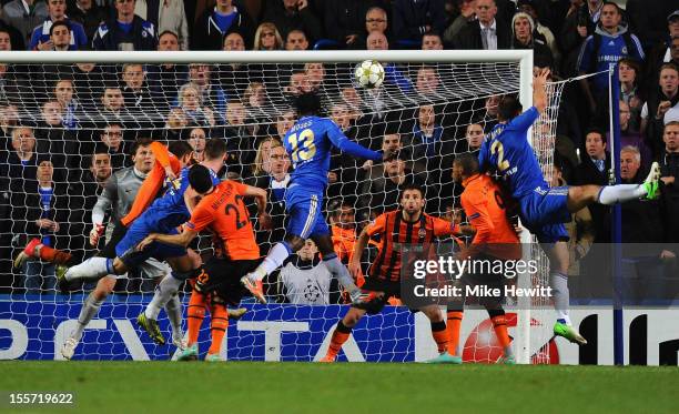 Victor Moses of Chelsea scores his goal during the UEFA Champions League Group E match between Chelsea and Shakhtar Donetsk at Stamford Bridge on...