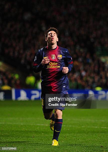 Barcelona player Lionel Messi reacts during the UEFA Champions League Group G match between Celtic and Barcelona at Celtic Park on November 7, 2012...