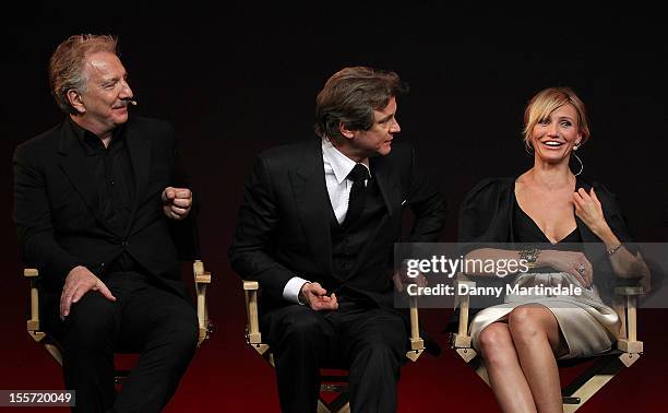 Alan Rickman, Colin Firth and Cameron Diaz attend the Meet The Filmmakers event for Gambit at Apple Store, Regent Street on November 7, 2012 in...
