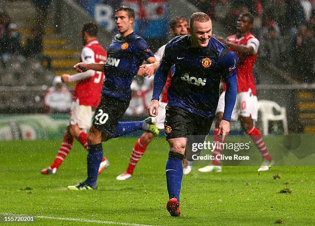 Wayne Rooney of Manchester United celebrates his goal during the UEFA Champions League Group H match between SC Braga and Manchester United at the...