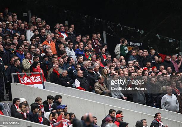 Manchester United fans watch from the stand during the UEFA Champions League Group H match between SC Braga and Manchester United at Estadio...