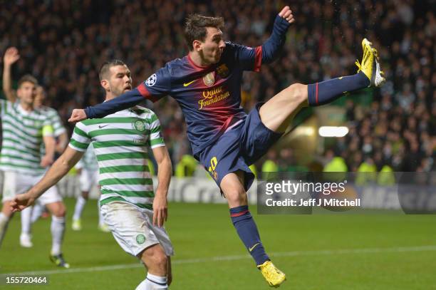 Lionel Messi of Barcelona in action during the UEFA Champions League Group G match between Celtic and Barcelona at Celtic Park on November 7, 2012 in...