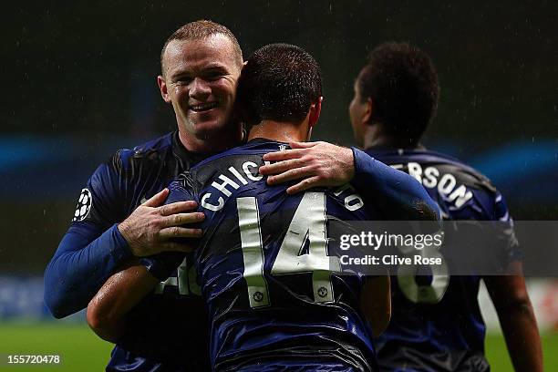 Javier Hernandez of Manchester United celebrates his goal with Wayne Rooney during the UEFA Champions League Group H match between SC Braga and...