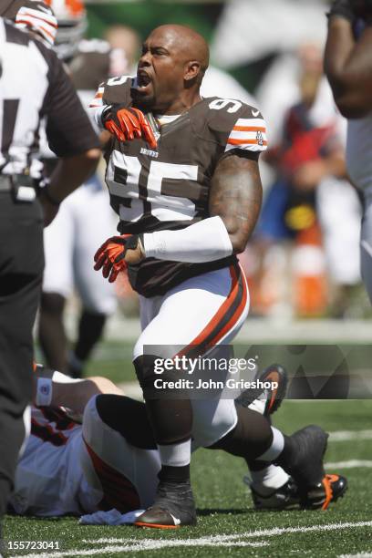 Juqua Parker of the Cleveland Browns celebrates making the tackle on Andy Dalton of the Cincinnati Bengals during their game at Paul Brown Stadium on...