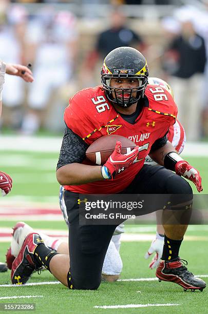 Francis of the Maryland Terrapins recovers a fumble against the Boston College Eagles at Alumni Stadium on October 27, 2012 in Chestnut Hill,...