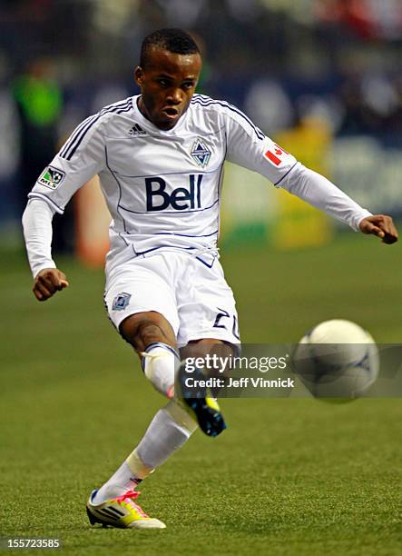 Dane Richards of the Vancouver Whitecaps FC kicks the ball during their MLS game against the Portland Timbers October 21, 2012 at BC Place in...