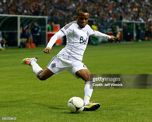 Dane Richards of the Vancouver Whitecaps FC kicks the ball during their MLS game against the Portland Timbers October 21, 2012 at BC Place in...