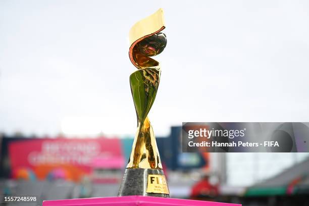 The FIFA Women's World Cup 2023 Trophy is seen prior to the FIFA Women's World Cup Australia & New Zealand 2023 Group A match between New Zealand and...