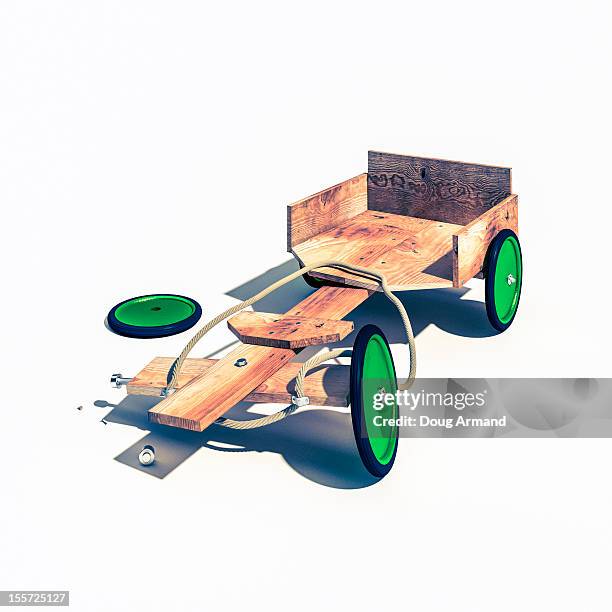 wooden go cart with a broken wheel. - seifenkiste stock-grafiken, -clipart, -cartoons und -symbole