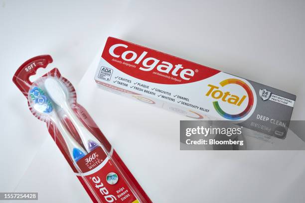 Colgate toothpaste and toothbrushes arranged in Germantown, New York, US, on Monday, July 17, 2023. Colgate-Palmolive Co. Is scheduled to release...