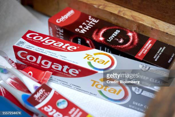 Colgate toothpaste arranged in Germantown, New York, US, on Monday, July 17, 2023. Colgate-Palmolive Co. Is scheduled to release earnings figures on...