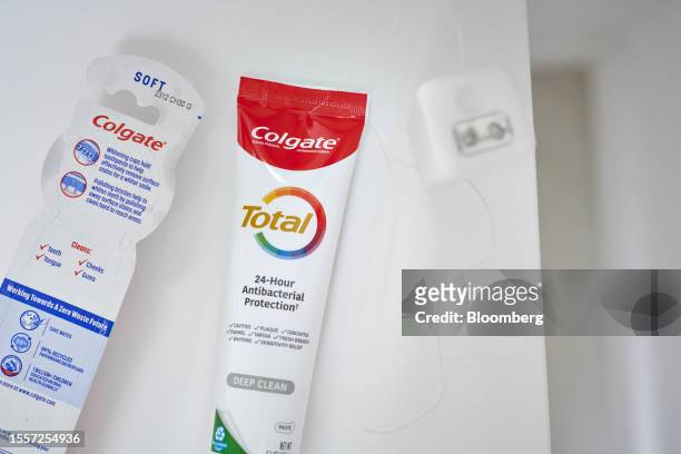Colgate toothpaste and toothbrushes arranged in Germantown, New York, US, on Monday, July 17, 2023. Colgate-Palmolive Co. Is scheduled to release...