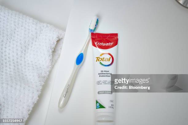 Colgate toothpaste and and a toothbrush arranged in Germantown, New York, US, on Monday, July 17, 2023. Colgate-Palmolive Co. Is scheduled to release...