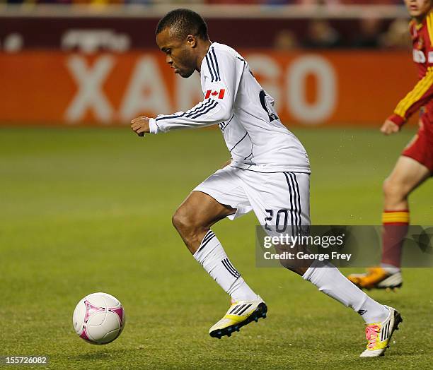 Dane Richards of Vancouver Whitecaps kicks the ball down field during a game against Real Salt Lake during the first half of an MLS soccer game...