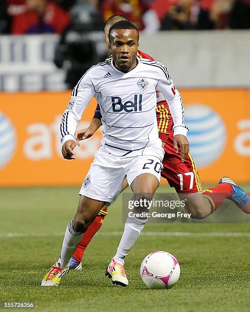 Dane Richards of Vancouver Whitecaps kicks the ball against Real Salt Lake during the second half of an MLS soccer game October 27, 2012 at Rio Tinto...