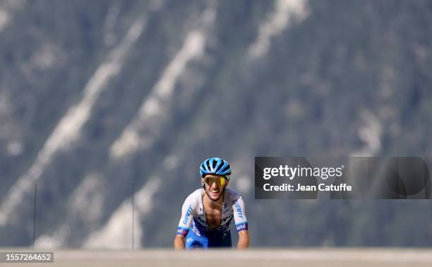 Simon Yates of Great Britain and Team Jayco AlUla crosses the finish line of stage seventeen of the 110th Tour de France 2023, a 165.7km stage from...