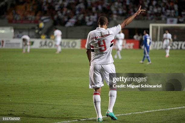 Luis Fabiano of Sao Paulo celebrates a goal during the match between Sao Paulo from Brazil and Universidad de Chile from Chile as part of the...