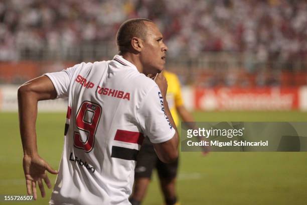 Luis Fabiano of Sao Paulo celebrates a goal during the match between Sao Paulo from Brazil and Universidad de Chile from Chile as part of the...