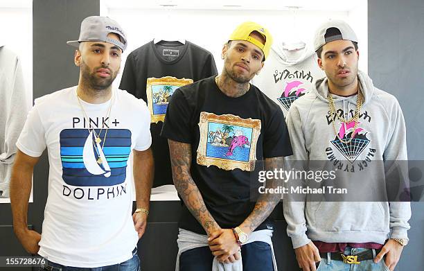 Neima Khaila, Chris Brown and Cena Barhaghi attend special in-store meet and greet held at Pink+Dolphin on November 7, 2012 in Los Angeles,...