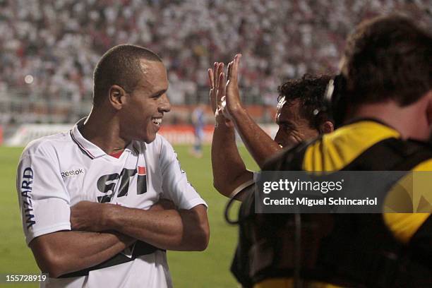 Luis Fabiano of So Paulo celebrates a goal during the match between Sao Paulo from Brazil and Universidad de Chile from Chile as part of the...