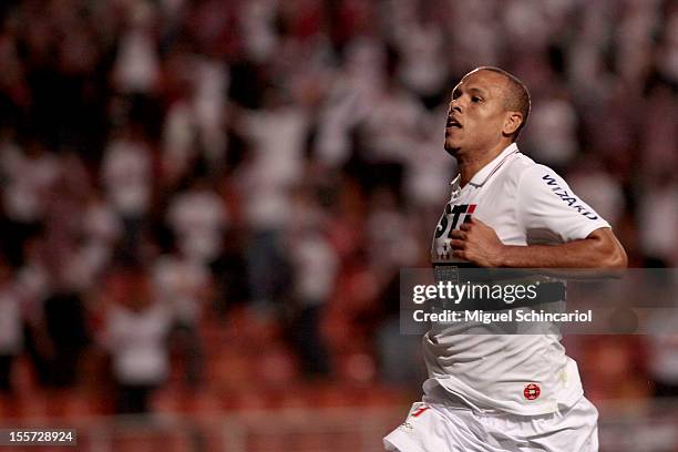 Luis Fabiano of So Paulo celebrates a goal during the match between Sao Paulo from Brazil and Universidad de Chile from Chile as part of the...