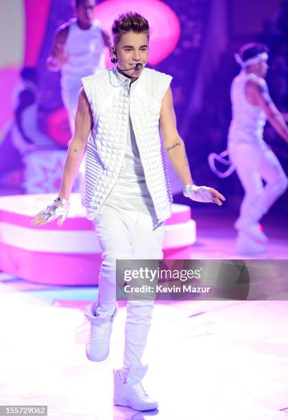 Justin Bieber performs during the 2012 Victoria's Secret Fashion Show at the Lexington Avenue Armory on November 7, 2012 in New York City.