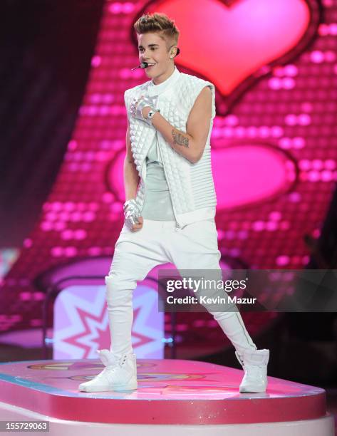 Justin Bieber performs during the 2012 Victoria's Secret Fashion Show at the Lexington Avenue Armory on November 7, 2012 in New York City.