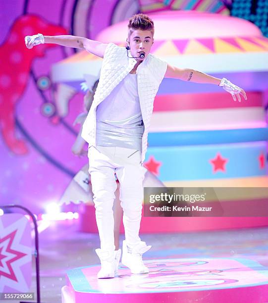 Justin Bieber performs during the 2012 Victoria's Secret Fashion Show at the Lexington Avenue Armory on November 7, 2012 in New York City.