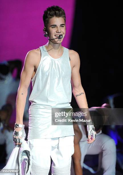 Justin Bieber performs during the 2012 Victoria's Secret Fashion Show at the Lexington Avenue Armory on November 7, 2012 in New York City.