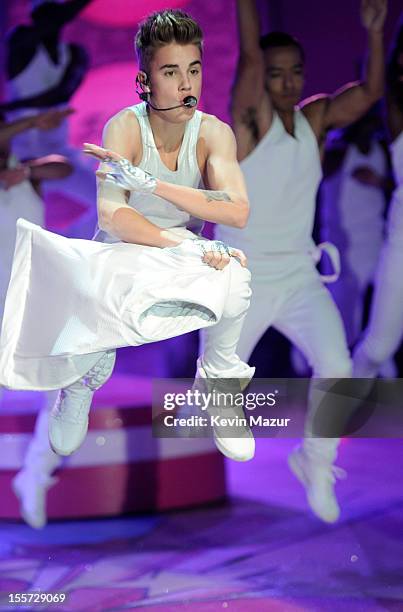 Justin Bieber performs during the 2012 Victoria's Secret Fashion Show at the Lexington Avenue Armory on November 7, 2012 in New York City.