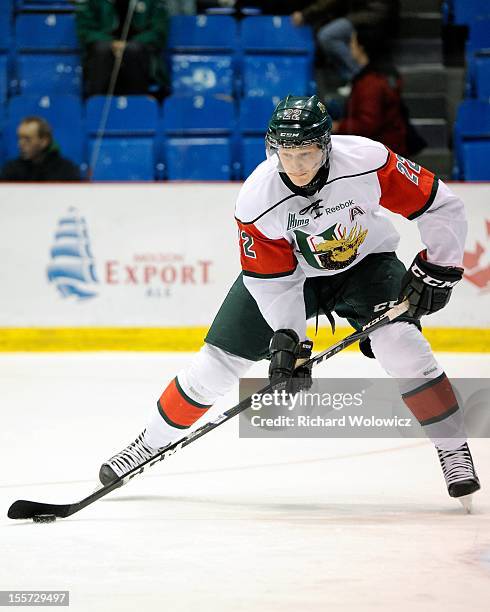 Nathan MacKinnon of the Halifax Mooseheads skates with the puck during the warm up period prior to facing the Drummondville Voltigeurs in their QMJHL...