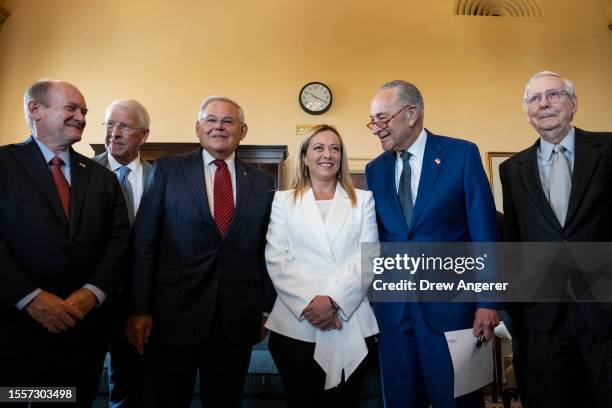 Italian Prime Minister Giorgia Meloni stands for a photo with U.S. Senators, , Sen. Chris Coons , Sen. Roger Wicker , Sen. Robert Menendez , Senate...