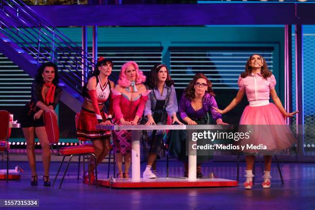 Mariana Garza, Verónica Jaspeado, Andrea Legarreta, Alix Bauer, Angélica Vale and Maria León performs during 'Vaselina' Musical Premiere on July 19,...