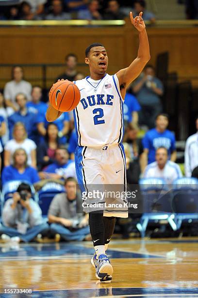 Quinn Cook of the Duke Blue Devils calls a play against the Winston-Salem State Rams at Cameron Indoor Stadium on November 1, 2012 in Durham, North...