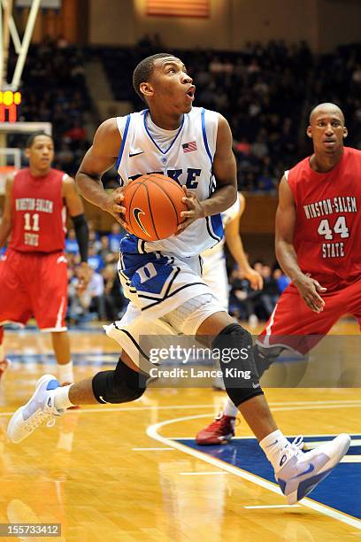 Rasheed Sulaimon of the Duke Blue Devils drives toward the hoop against the Winston-Salem State Rams at Cameron Indoor Stadium on November 1, 2012 in...