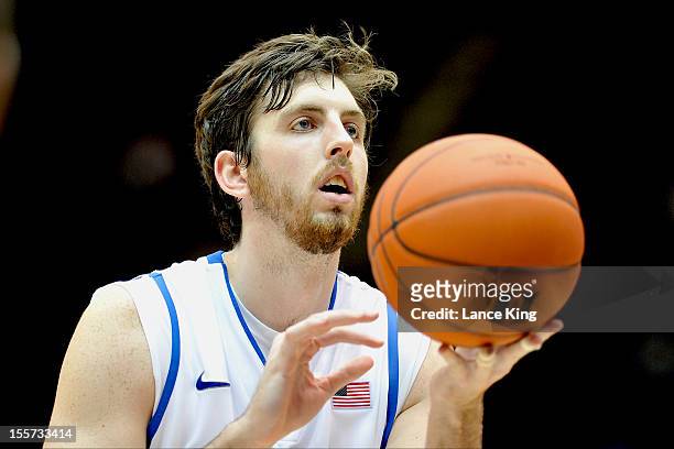 Ryan Kelly of the Duke Blue Devils concentrates at the free-throw line against the Winston-Salem State Rams at Cameron Indoor Stadium on November 1,...
