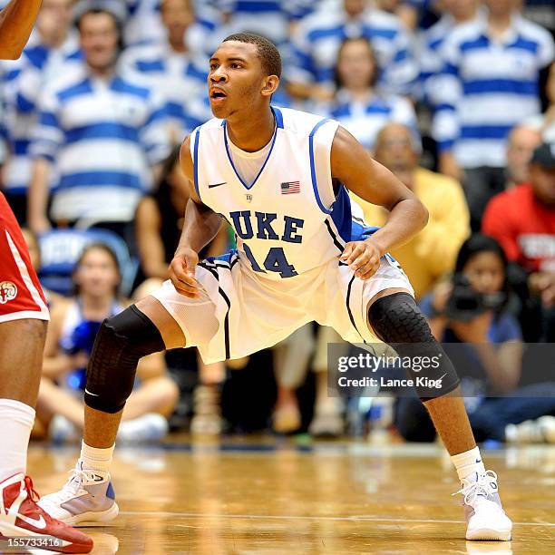 Rasheed Sulaimon of the Duke Blue Devils works on defense against the Winston-Salem State Rams at Cameron Indoor Stadium on November 1, 2012 in...