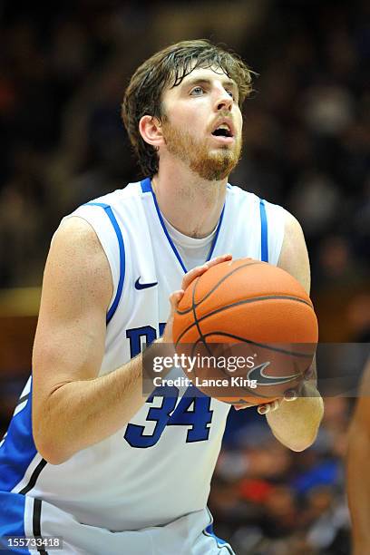 Ryan Kelly of the Duke Blue Devils concentrates at the free throw line against the Winston-Salem State Rams at Cameron Indoor Stadium on November 1,...