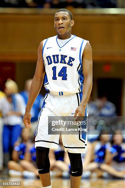 Rasheed Sulaimon of the Duke Blue Devils looks on against the Winston-Salem State Rams at Cameron Indoor Stadium on November 1, 2012 in Durham, North...