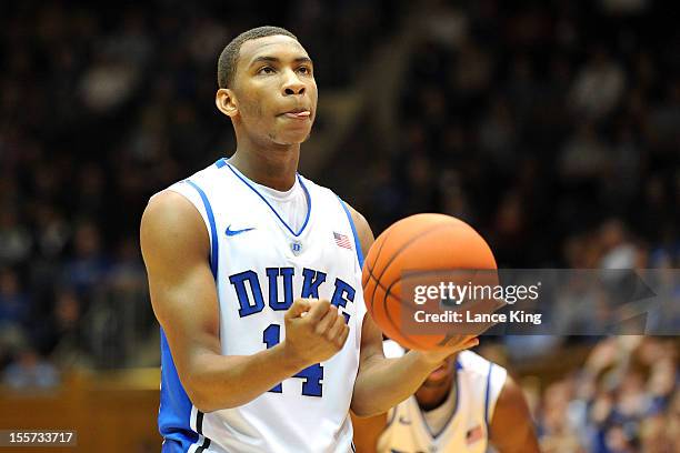 Rasheed Sulaimon of the Duke Blue Devils concentrates at the free-throw line against the Winston-Salem State Rams at Cameron Indoor Stadium on...