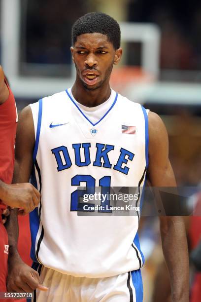 Amile Jefferson of the Duke Blue Devils looks on against the Winston-Salem State Rams at Cameron Indoor Stadium on November 1, 2012 in Durham, North...