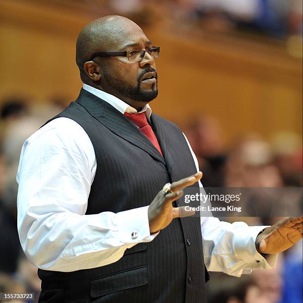 Head coach Bobby Collins of the Winston-Salem State Rams instructs his team from the sideline against the Duke Blue Devils at Cameron Indoor Stadium...