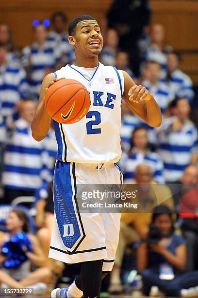 Quinn Cook of the Duke Blue Devils dribbles against the Winston-Salem State Rams at Cameron Indoor Stadium on November 1, 2012 in Durham, North...