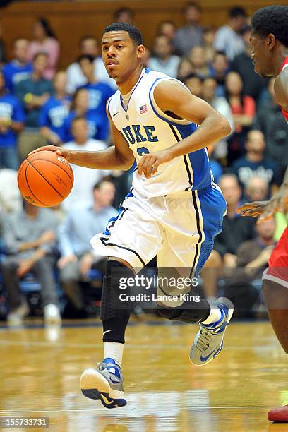 Quinn Cook of the Duke Blue Devils dribbles up court against the Winston-Salem State Rams at Cameron Indoor Stadium on November 1, 2012 in Durham,...