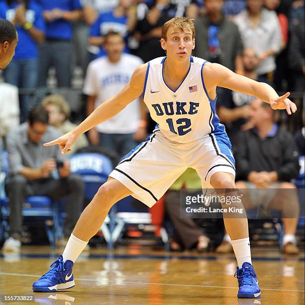 Alex Murphy of the Duke Blue Devils works on defense against the Winston-Salem State Rams at Cameron Indoor Stadium on November 1, 2012 in Durham,...